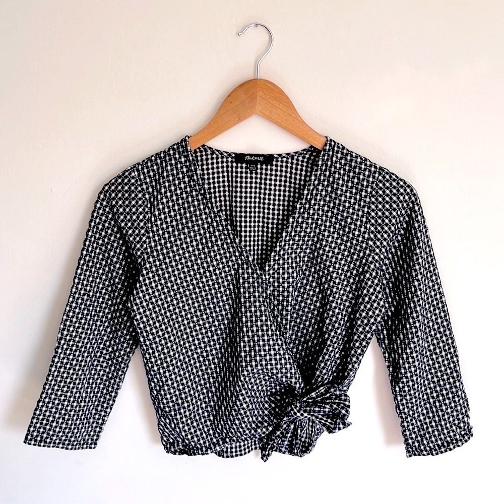 Madewell Navy Blue Checkered Wrapped Crop Top